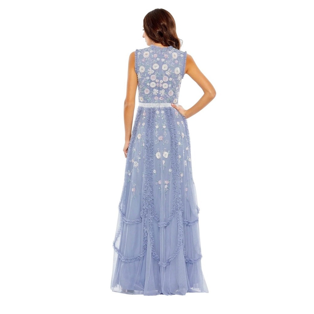Mac Duggal 9137 Slate Blue Embroidered Floral Tiered Ruffle‎ Gown Size 14 $698 - Picture 3 of 8